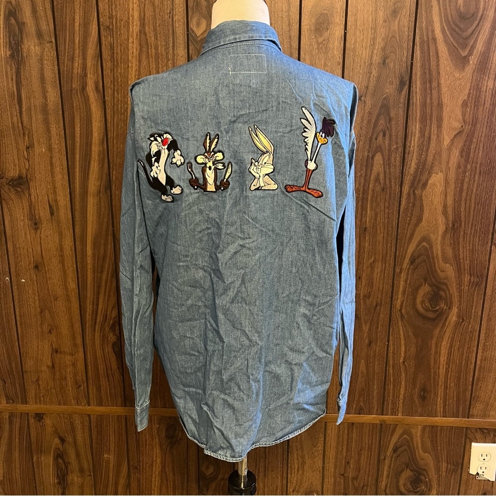 Vintage 1992 Top Line USA Warner Bros Looney Tunes Embroidered Denim Shirt Sz L - Picture 3 of 6